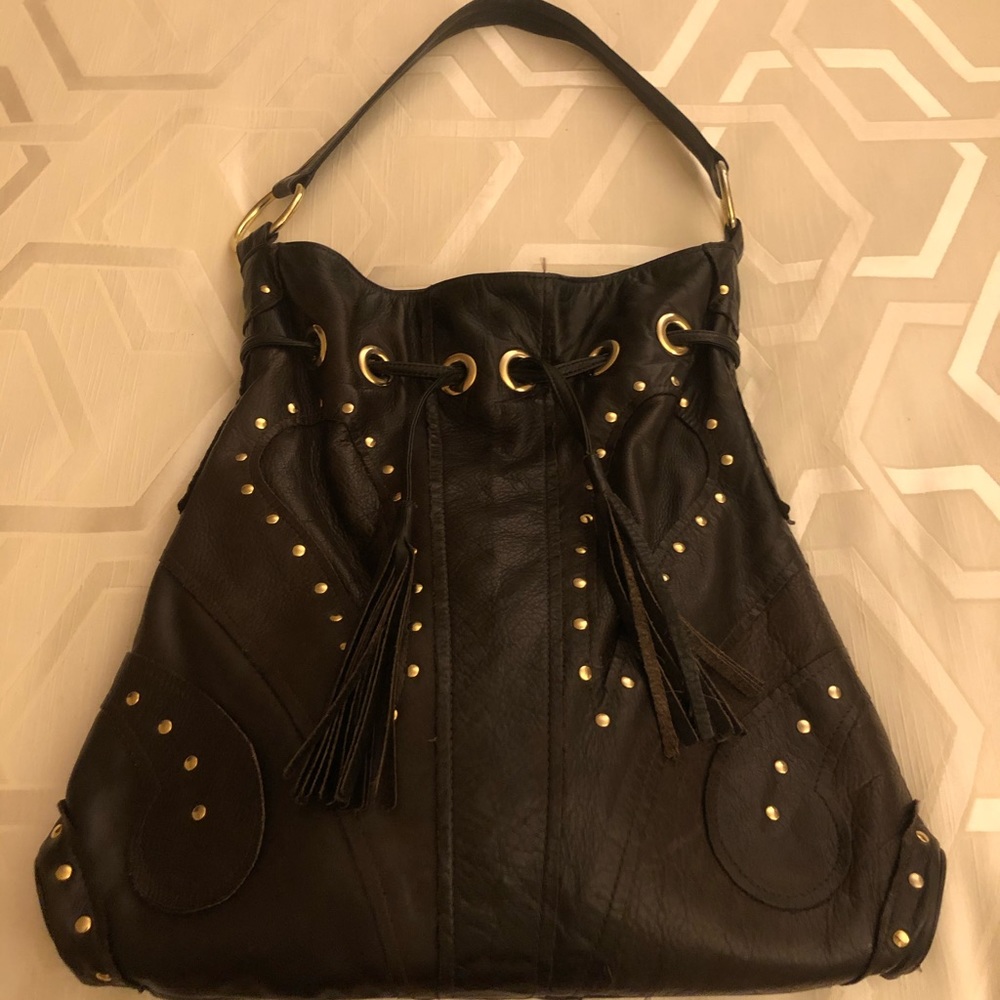 Bulga Brown Studded Leather Hobo with Fringe